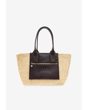 Ganni Logo Woven-Raffia Tote Bag - Black
