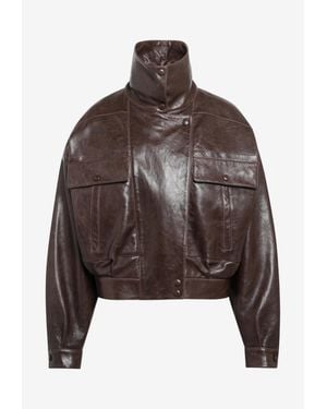 Saint Laurent Stand Collar Cropped Leather Bomber Jacket - Brown