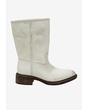 Prada Aged-Effect Leather Mid-Calf Boots - White