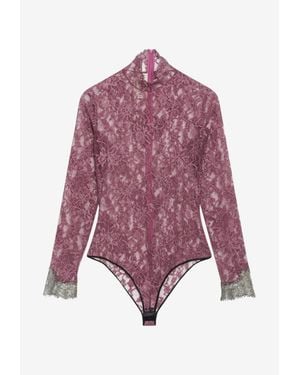 Valentino Floral Lace Cuff Bodysuit - Purple
