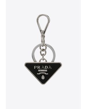 Prada Leather And Metal Triangle Logo Key-Ring - White