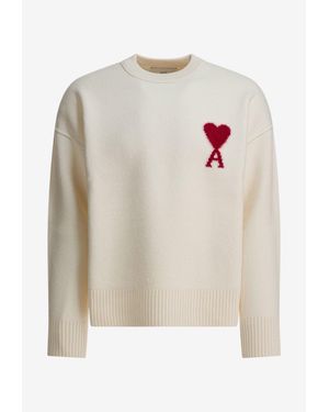Ami Paris Intarsia Knit Ami De Coeur Sweater - White