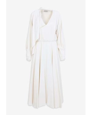 Alberta Ferretti Enver Satin V-Neck Midi Dress - White