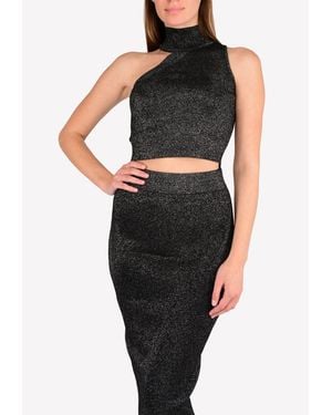 Cushnie et Ochs One-Shoulder Mock Neck Metallic-Knit Crop Top - Black
