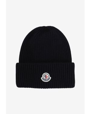 Moncler Logo Patch Ribbed Wool Beanie - Black
