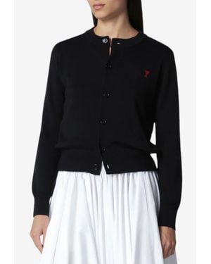 Ami Paris Ami De Coeur Embroidered Wool Cardigan - Black