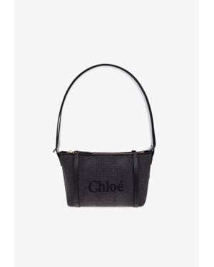 Chloé Logo Embroidered Woven-Raffia Shoulder Bag - Blue
