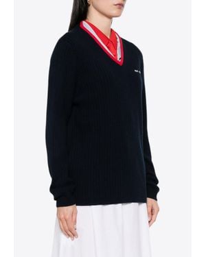 Miu Miu V-Neck Cashmere Logo Jumper - Blue