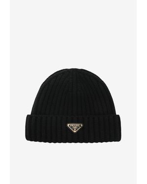 Prada Triangle Logo Wool Beanie - Black