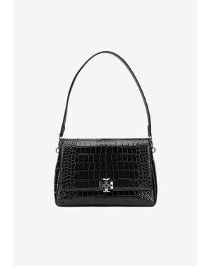 Tory Burch Charlie Croc-Embossed Leather Shoulder Bag - Black