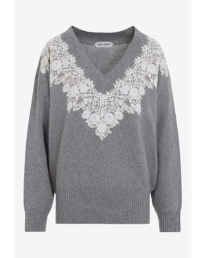 Alberta Ferretti Lace-Trimmed V-Neck Sweater - Gray