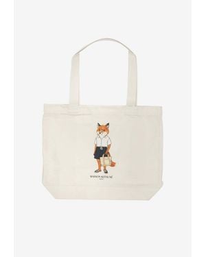Maison Kitsuné Large Dressed Fox Canvas Tote Bag - White