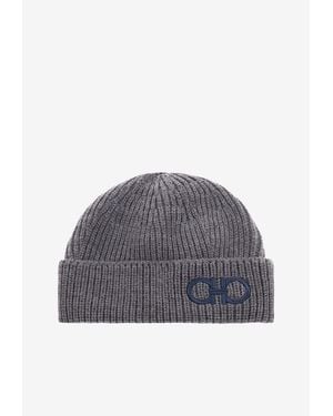 Ferragamo Gancini Embroidered Wool Beanie - Grey