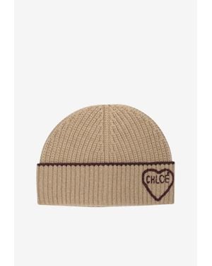 Chloé Heart Logo Knitted Beanie - Natural