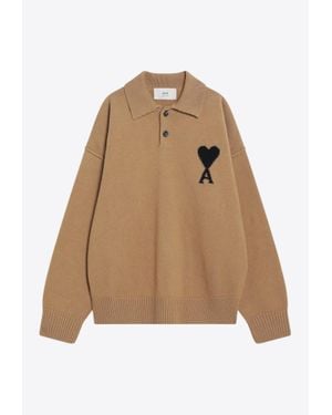 Ami Paris Ami De Coeur Wool Polo Sweater - Natural