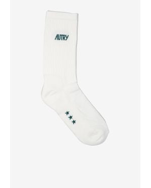 Autry Logo Print Ribbed Socks - White
