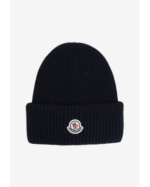 Moncler Logo Patch Ribbed Wool Beanie - Blue
