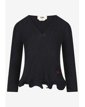 Fendi V-Neck Peplum Knit Top - Black