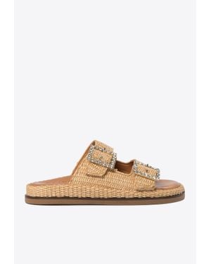 Alibi Greta Crystal Buckle Raffia Sandals - White