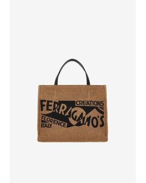 SALVATORE FERRAGAMO Camel Raffia Small Tt Sign Shopping Bag