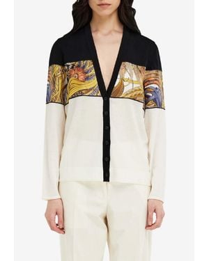 Ferragamo Rooster Print Inserts Wool Cardigan - Natural