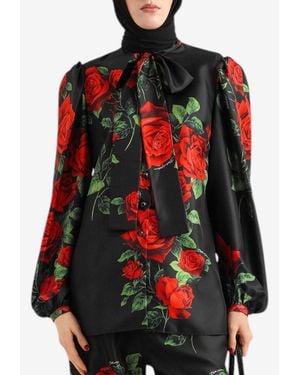 Dolce & Gabbana Rose Print Tie-Collar Blouse - Red