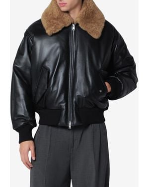 Ami Paris Padded Lambskin Bomber Jacket With Shearling Collar - Black