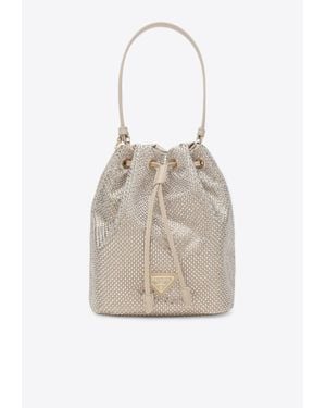 Prada Crystal Embellished Logo Bucket Bag - Natural
