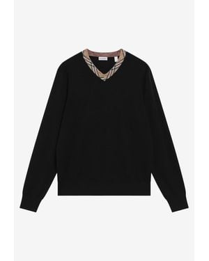 Burberry Check-Trimmed Wool V-Neck Sweater - Black