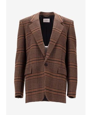 Saint Laurent Houndstooth Single-Breasted Wool Blazer - Brown