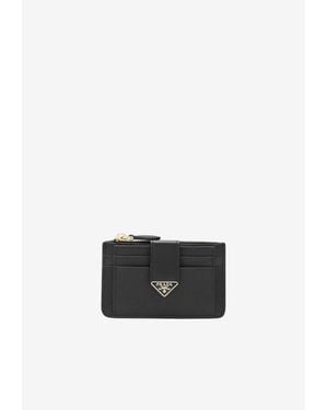 Prada Triangle Logo Saffiano Leather Zip Cardholder - White