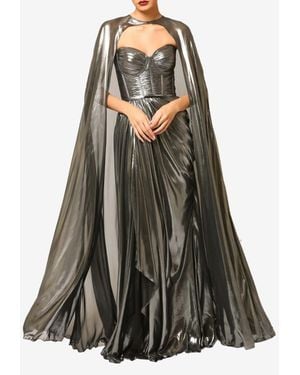 ZEENA ZAKI Strapless Metallic Gown With Cape