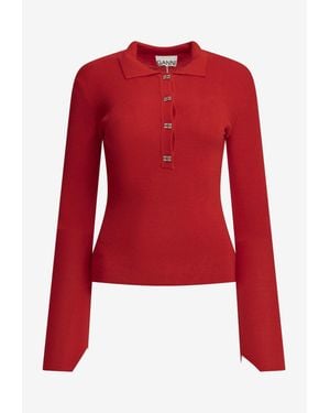 Ganni Merino Wool Polo Sweater - Red