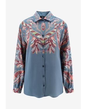 Etro Paisley Print Crepe De Chine Long-Sleeved Shirt - Blue