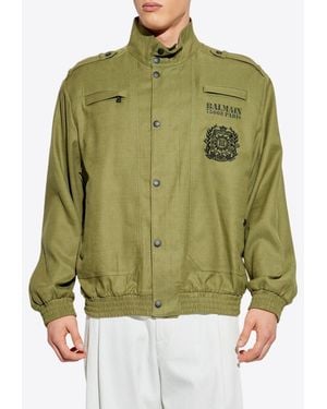 Balmain High-Neck Aviator Style Jacket - Green