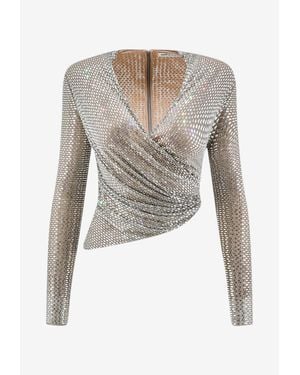 Self-Portrait V-Neck Crystal Embellished Wrap Top - White