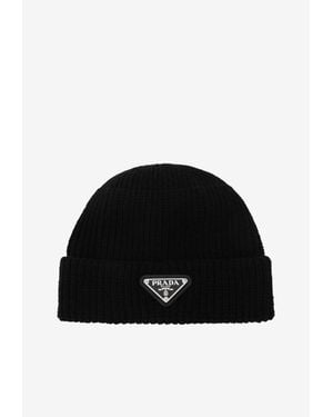 Prada Triangle Logo Wool Beanie - Black