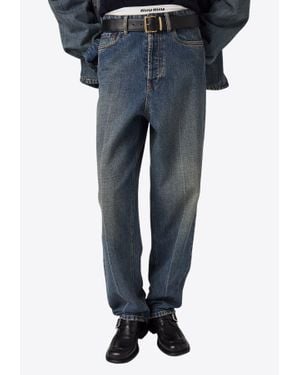 Miu Miu Logo Embroidered Faded Jeans - Blue