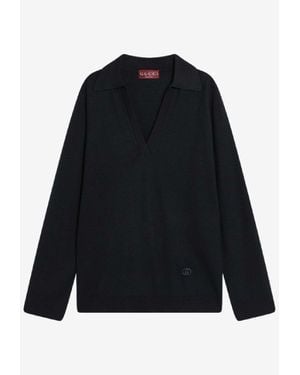 Gucci Logo-Embroidered V-Neck Sweater - Blue