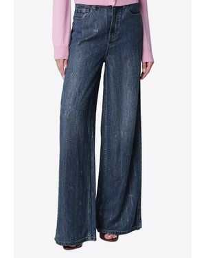 Self-Portrait Rhinestone Stripe Wide-Leg Jeans - Blue