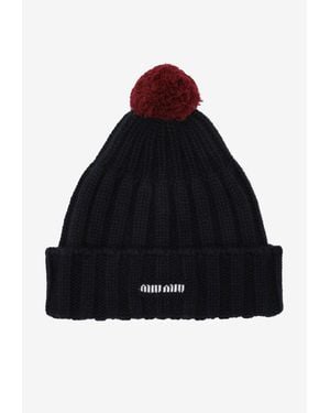 Miu Miu Ribbed Cashmere Pom-Pom Beanie - Black