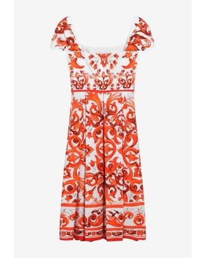 Dolce & Gabbana Majolica Print Midi Poplin Dress - Red
