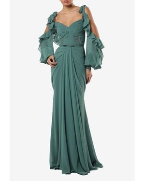 ZEENA ZAKI Draped Chiffon Maxi Dress - Green