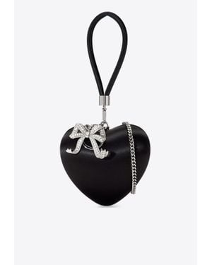 Self-Portrait Crystal Bow Heart Satin Clutch - Black