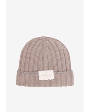 Brunello Cucinelli Logo Patch Ribbed Beanie - Natural