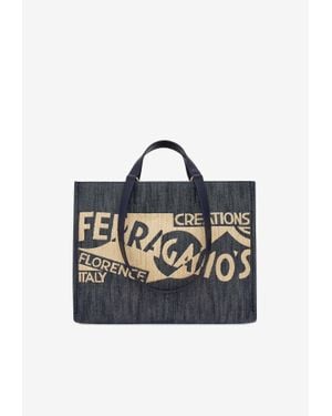 Ferragamo Raffia Small Tt Sign Shopping Bag in Brown | Lyst