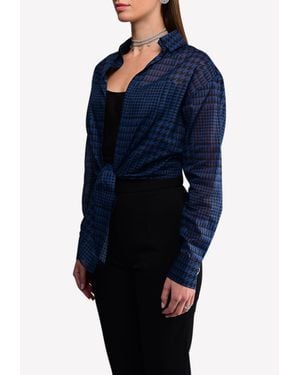 Alexandre Vauthier Houndstooth Print Cotton Front Tie-Up Cropped Shirt - Blue