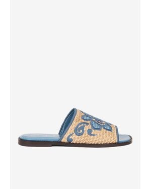 Etro Floral Embroidered Woven-Raffia Slides - White