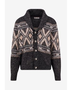 Brunello Cucinelli Jacquard Knit Wool Blend Cardigan - Black