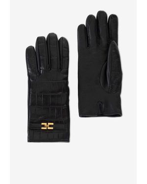 Elisabetta Franchi Croc-Embossed Leather Gloves - Black